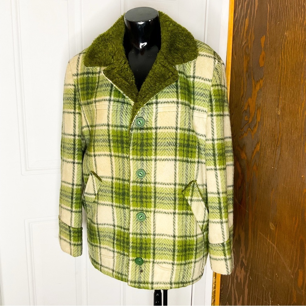 VINTAGE 1960s Green Wool Plaid Jacket | Tartan Check Hunting Coat Unisex S/M - Picture 2 of 16